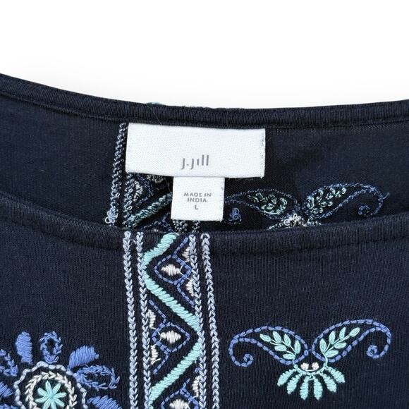 J.Jill Flagstaff Embroidered Patchwork Top Womens Size Large Navy Blue Boho - Picture 2 of 10